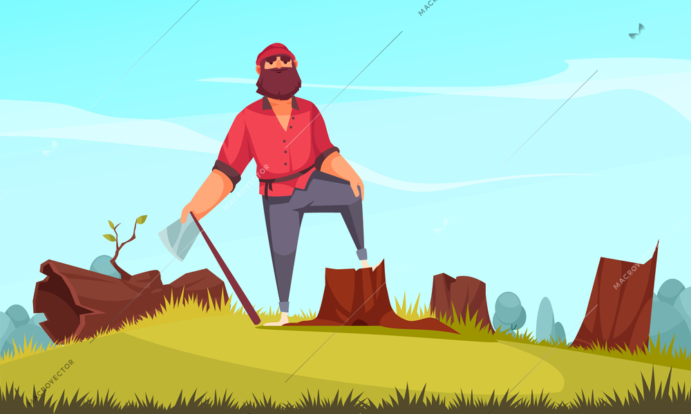 Bearded lumberjack with axe posing with one foot on tree stump cartoon forest edge background vector illustration