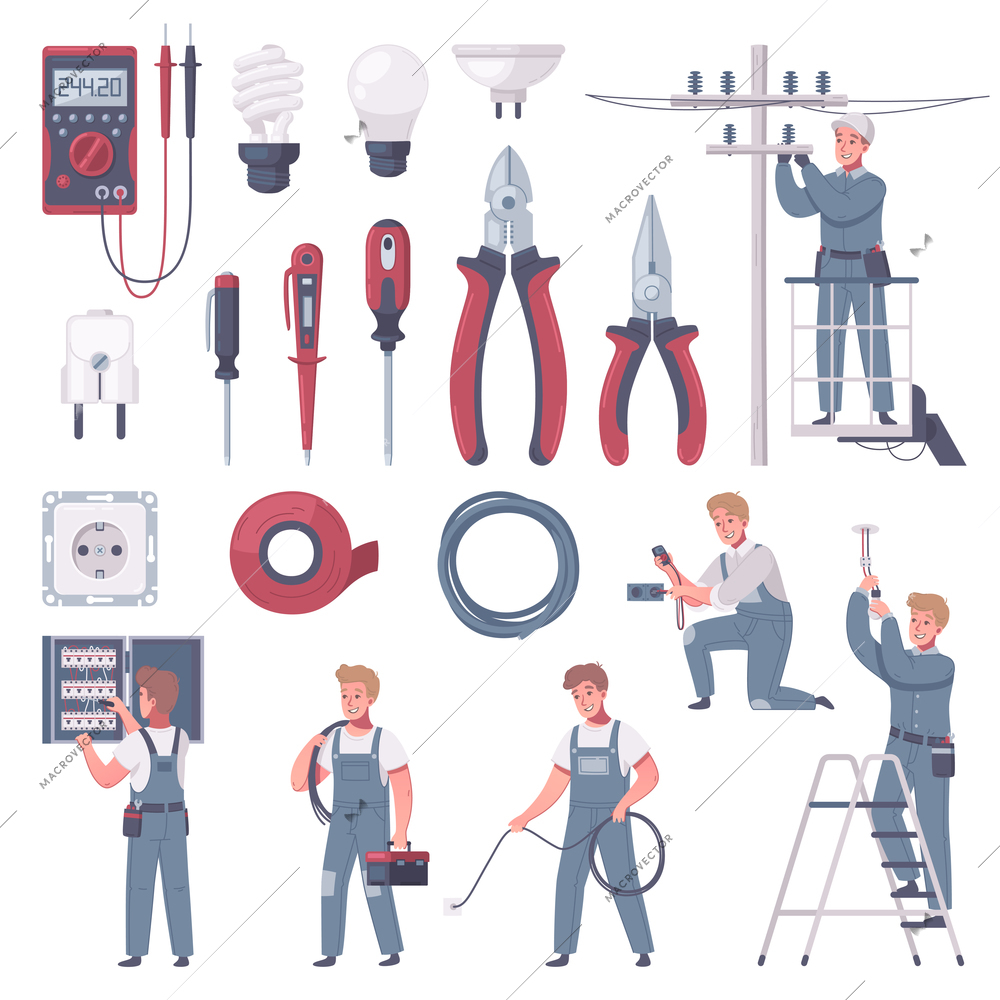 Electrician cartoon set of isolated handyman characters with icons of various manual tools and electric appliances vector illustration