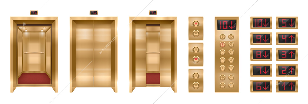 Set of isolated elevator doors realistic elements with isolated side post frames buttons with red carpet vector illustration