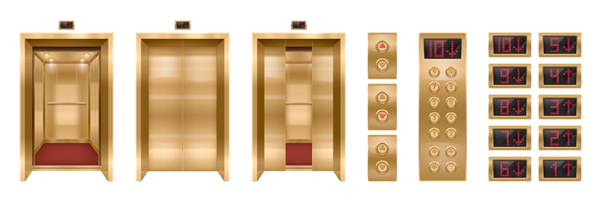 Set of isolated elevator doors realistic elements with isolated side post frames buttons with red carpet vector illustration