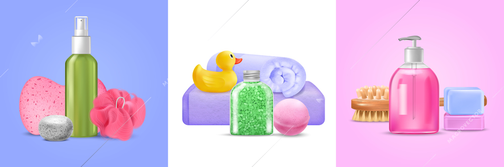 Bath wash design concept with hygiene and beauty symbols realistic isolated vector illustration