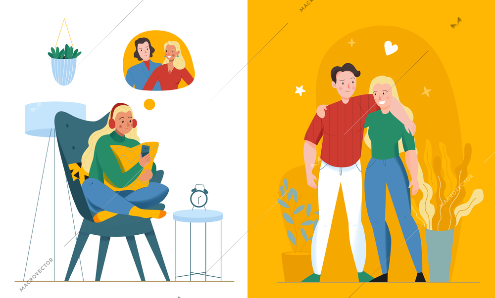 Lonely and together love composition with relationship symbols flat isolated vector illustration