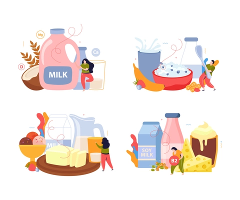 Milk usage 2x2 design concept set of fresh dairy products along with soy and coconut milk vector illustration