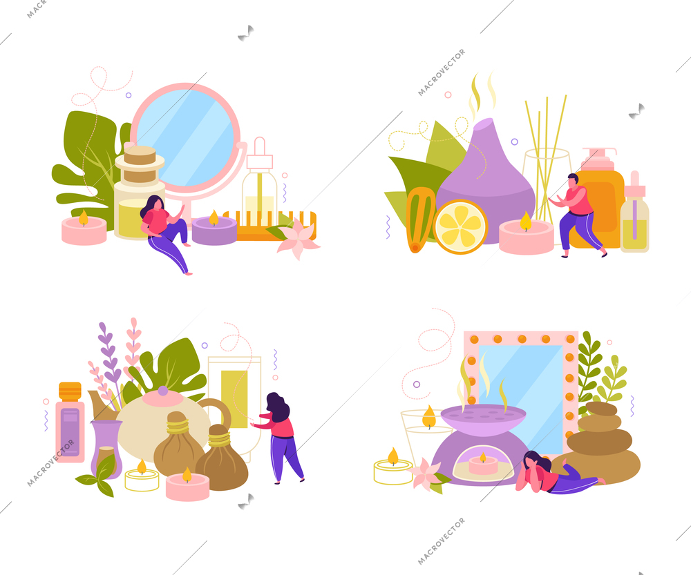 Aromatherapy 2x2 design concept set of flat compositions with ingredients for spa wellness therapy and body care vector illustration