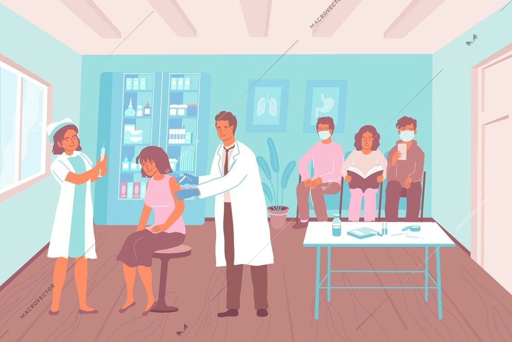 Doctors giving injections men and women waiting for their turn during vaccination flat vector illustration