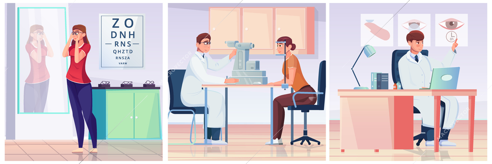 Stages of eye examination in the ophthalmology office flat vector illustration