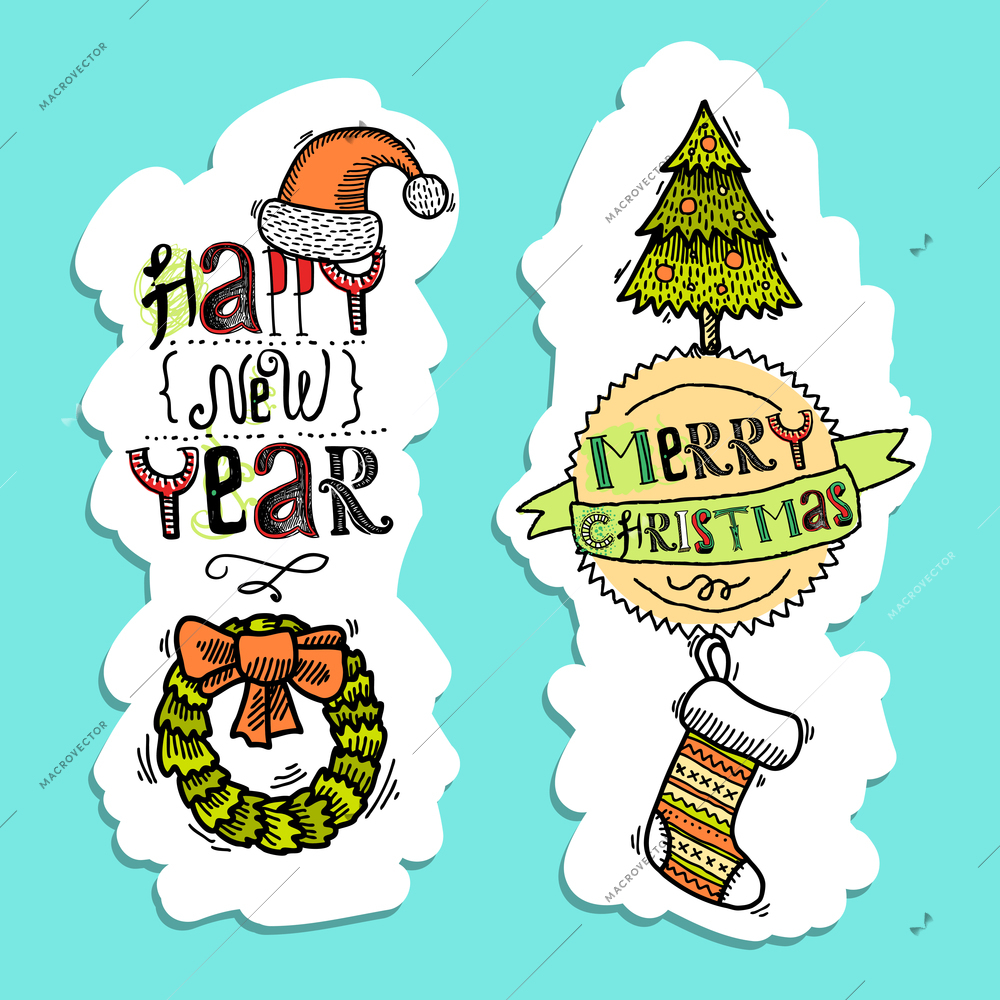 Vintage merry christmas happy new year holiday sketch vertical banner set isolated vector illustration