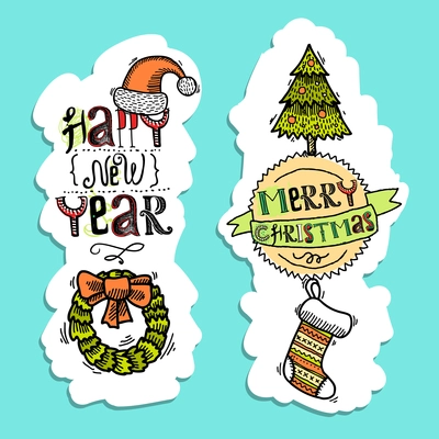 Vintage merry christmas happy new year holiday sketch vertical banner set isolated vector illustration