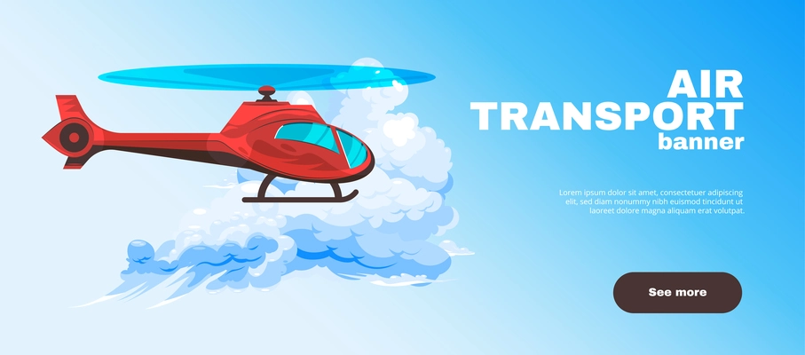 Horizontal banner with helicopter flying past the cloud on blue background flat vector illustration