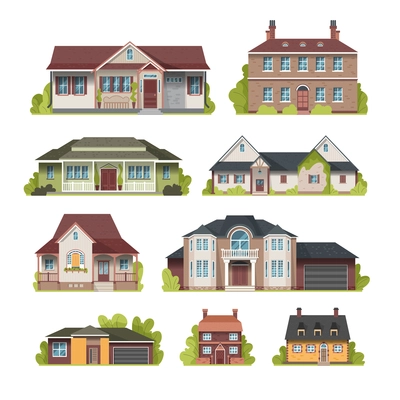 Set of facades of suburban country houses front view flat vector illustration