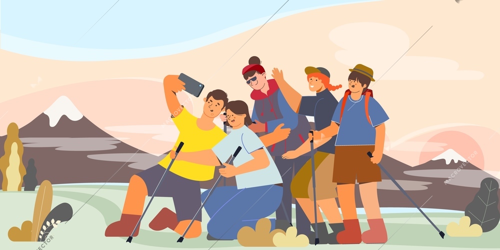 Friends taking a selfie while traveling in the mountains flat vector illustration