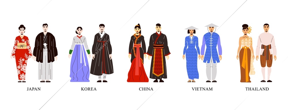 Flat set with couples of men and women from asian countries wearing national traditional clothes isolated vector illustration