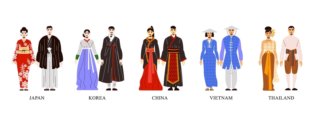 Flat set with couples of men and women from asian countries wearing national traditional clothes isolated vector illustration