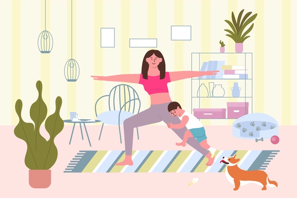 Home sport mother flat composition with indoor home scenery and mother with son hanging on leg vector illustration