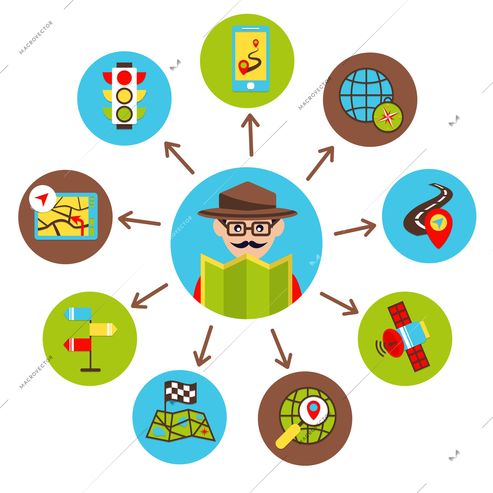 Mobile gps navigation and travel flat icons set with traveler avatar vector illustration