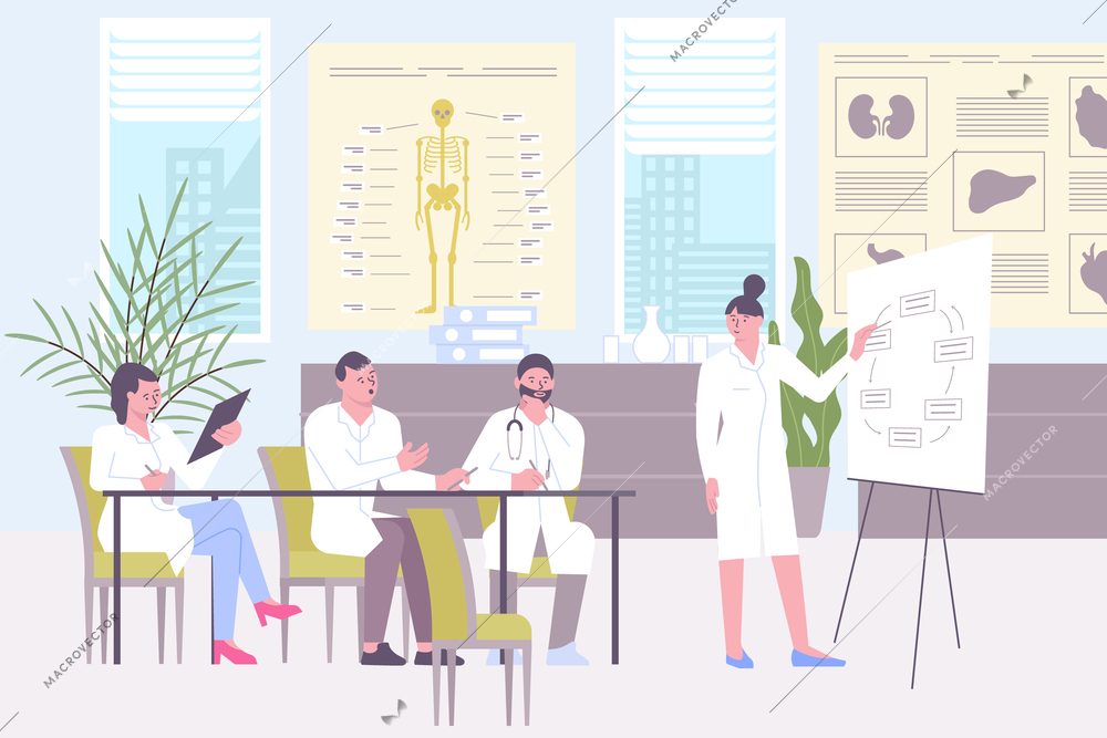 Planning meeting of doctors in hospital flat composition with doctors office scenery and group of colleagues vector illustration