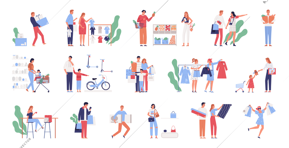 Flat set of icons with people doing shopping in various stores alone and with family isolated vector illustration