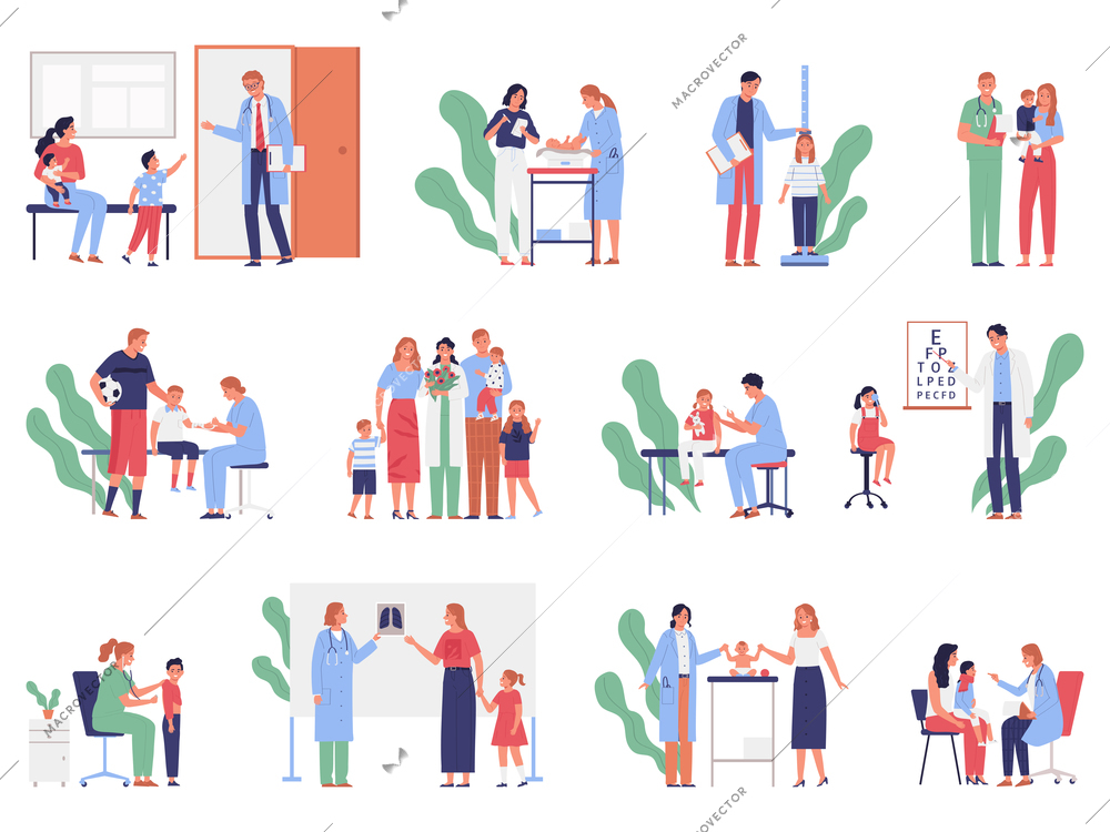 Flat icons set with happy characters of pediatrician parents children at clinic isolated vector illustration