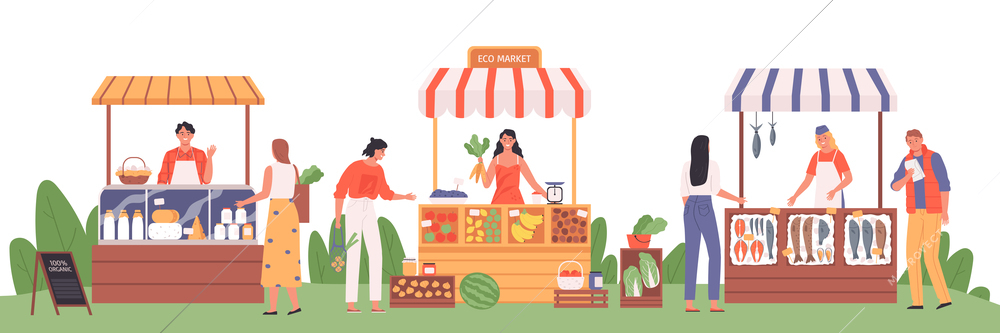 People buying fresh vegetables fruits fish and dairy products at local eco market flat vector illustration