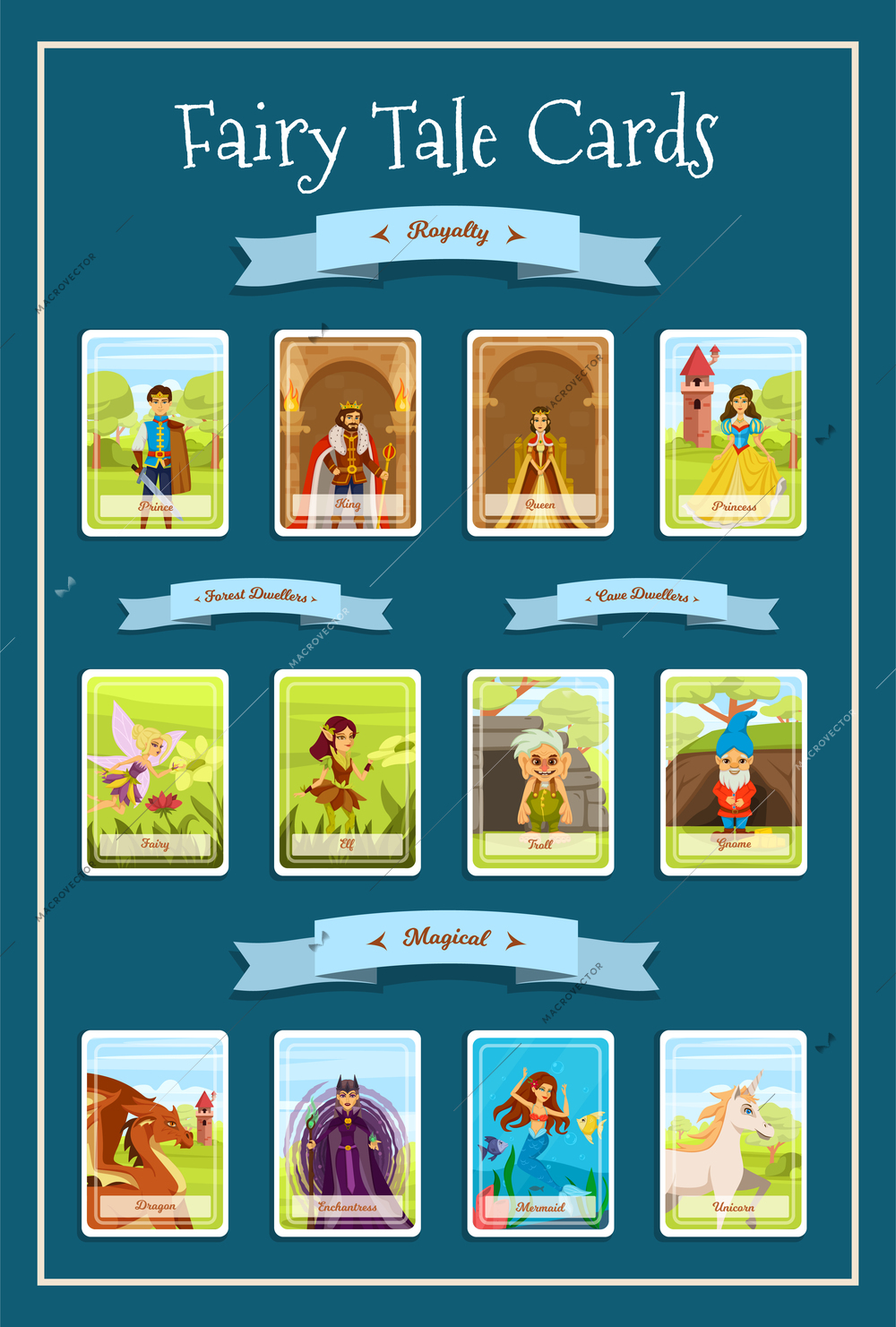 Fairy tale characters cartoon cards with magical royalty forest dwellers and cave dwellers types vector illustration