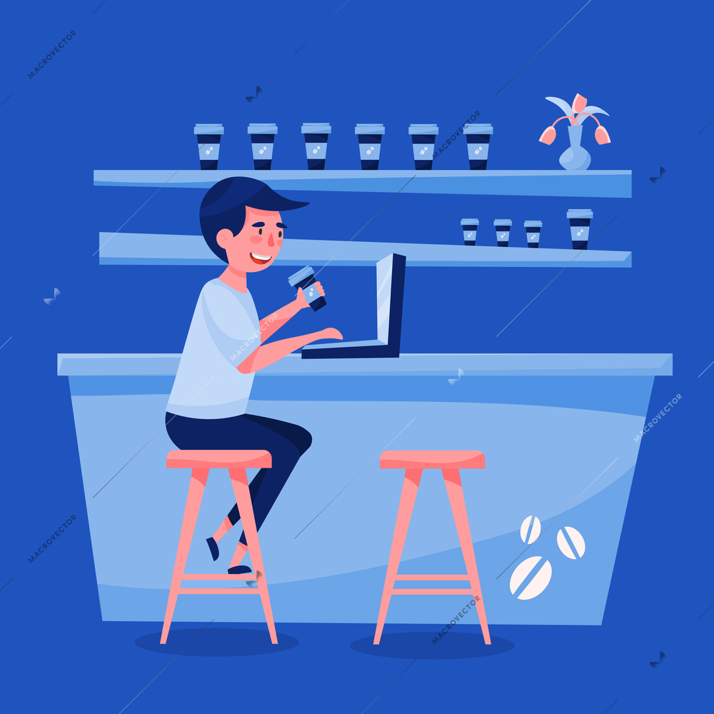 Young man freelancer working with his laptop in coffee bar cartoon composition blue interior background vector illustration