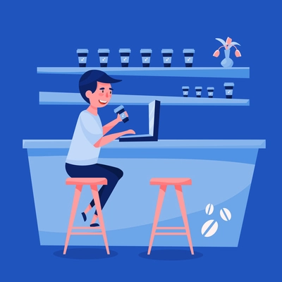Young man freelancer working with his laptop in coffee bar cartoon composition blue interior background vector illustration