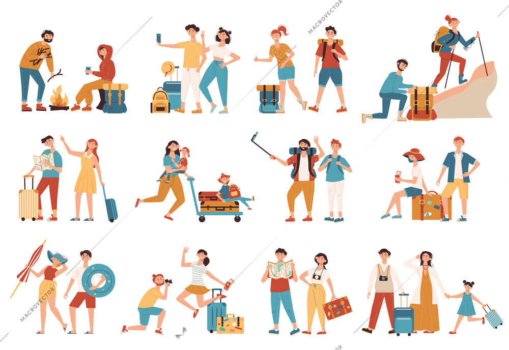 Holliday vacations travel people with luggage  cooking on open fire survival trip hiking cartoon set vector illustration