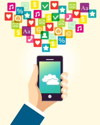 Business hand holding and using smartphone with cloud application and social media icons vector illustration