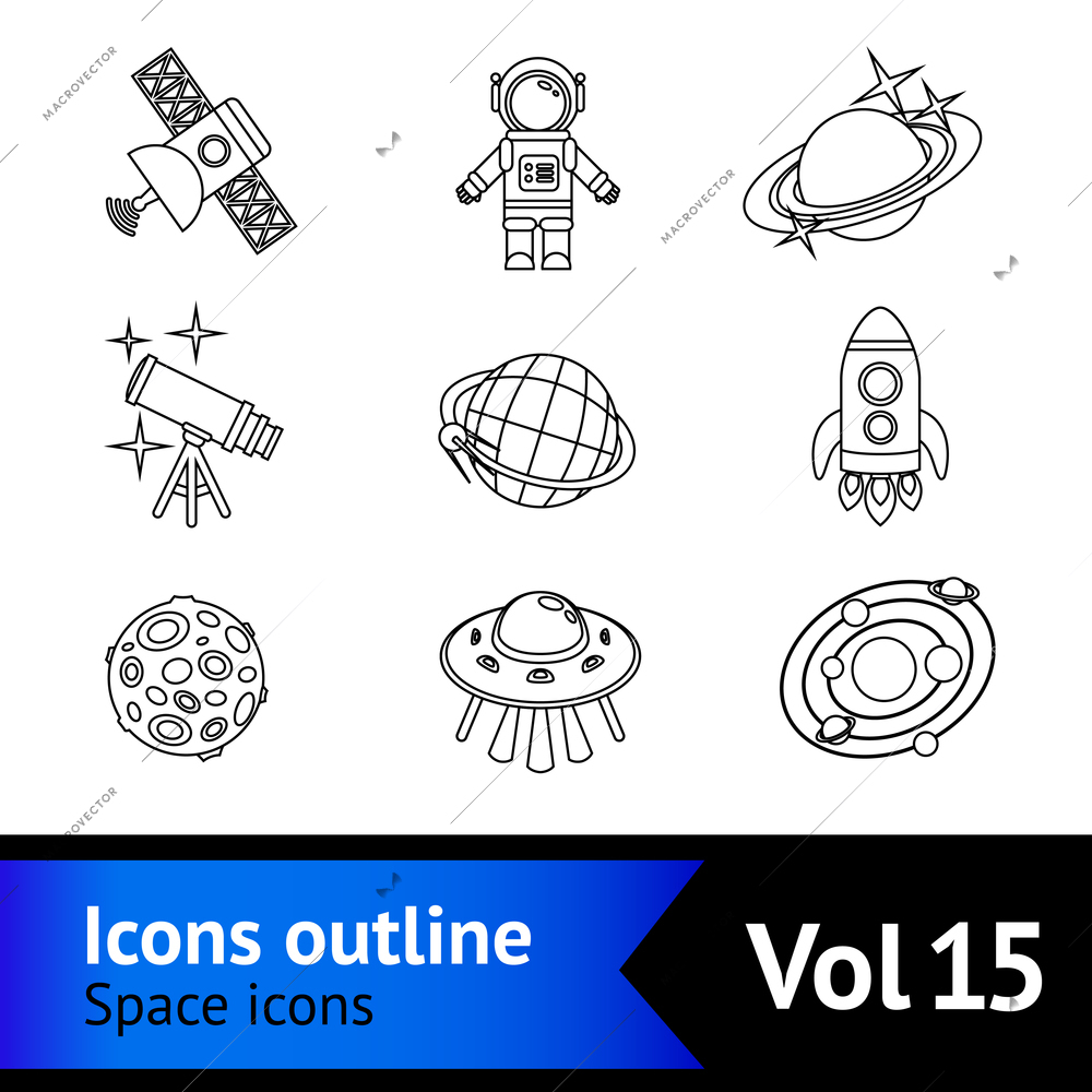 Space and astronomy outline decorative icons set with satellite astronaut saturn isolated vector illustration