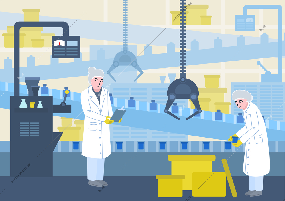 Colored poster of a medical production plant with a conveyor belt of machine tools and people in white coats flat vector illustration