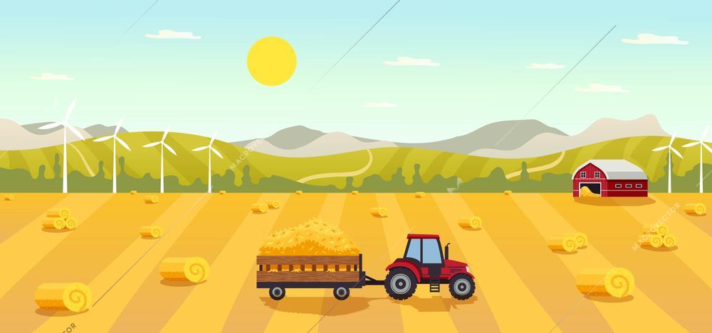 Horizontal composition with bales hay countryside landscape view of field with agrimotor barn and wind turbines vector illustration