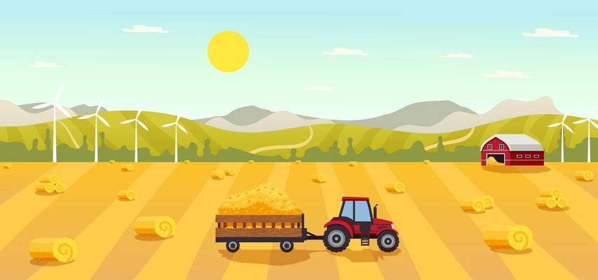 Horizontal composition with bales hay countryside landscape view of field with agrimotor barn and wind turbines vector illustration