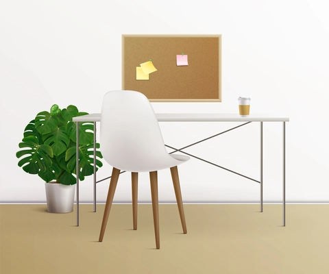 Office interior realistic colored composition with desk chair pot with houseplant board with reminder sheets vector illustration