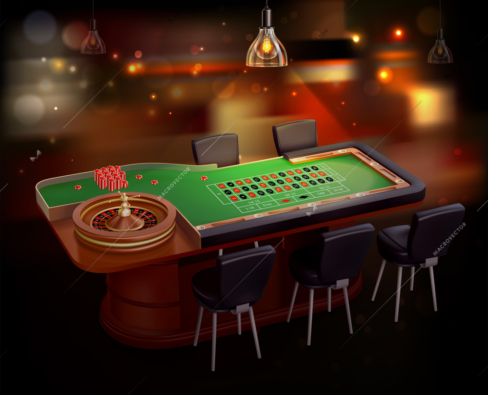 Classic roulette table in casino room with spin wheel reel and chips realistic background vector illustration
