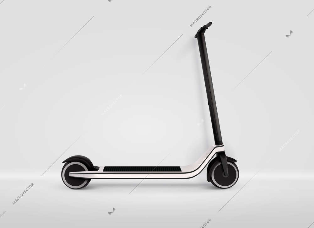 Side view of electric speed kick scooter on grey background realistic  monochrome vector illustration