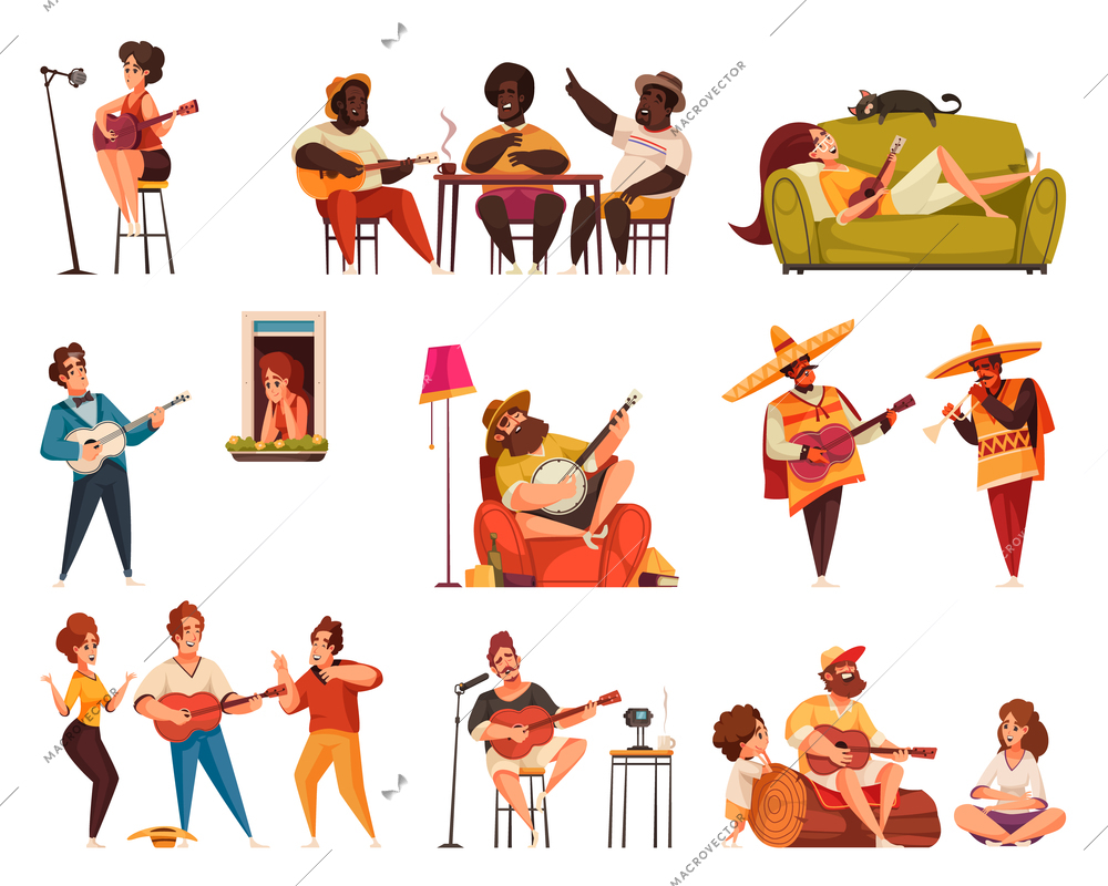 People playing acoustic guitar icon set with isolated doodle style characters of musicians and music beginners vector illustration