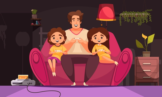 Dad son daughter composition with night home scenery and father sitting on sofa with two kids vector illustration