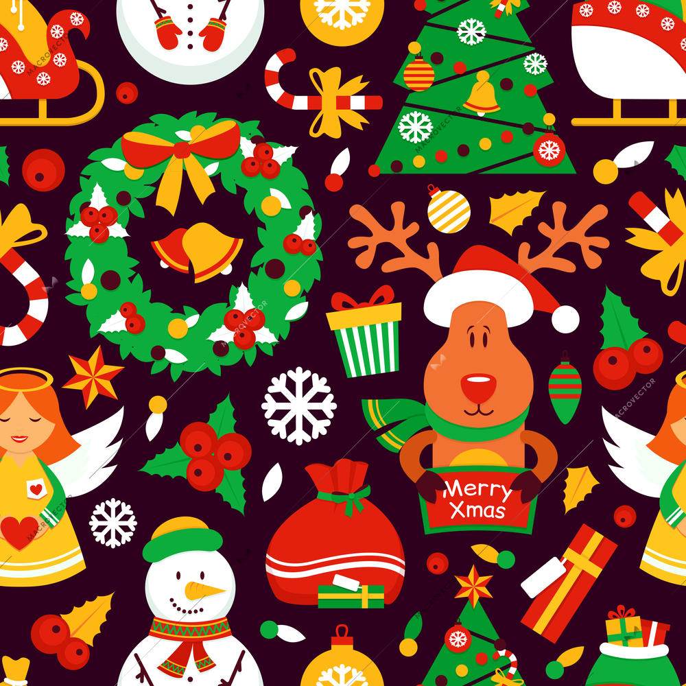 Chrismas new year seamless pattern with gift box deer snowman vector illustration