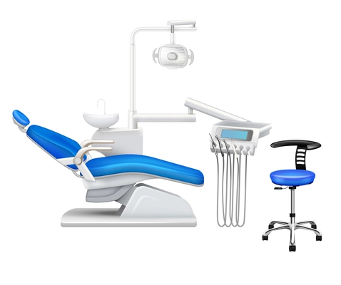 Dental facility cabinet dentist office furniture equipment realistic set with chair drill spit bowl light vector illustration