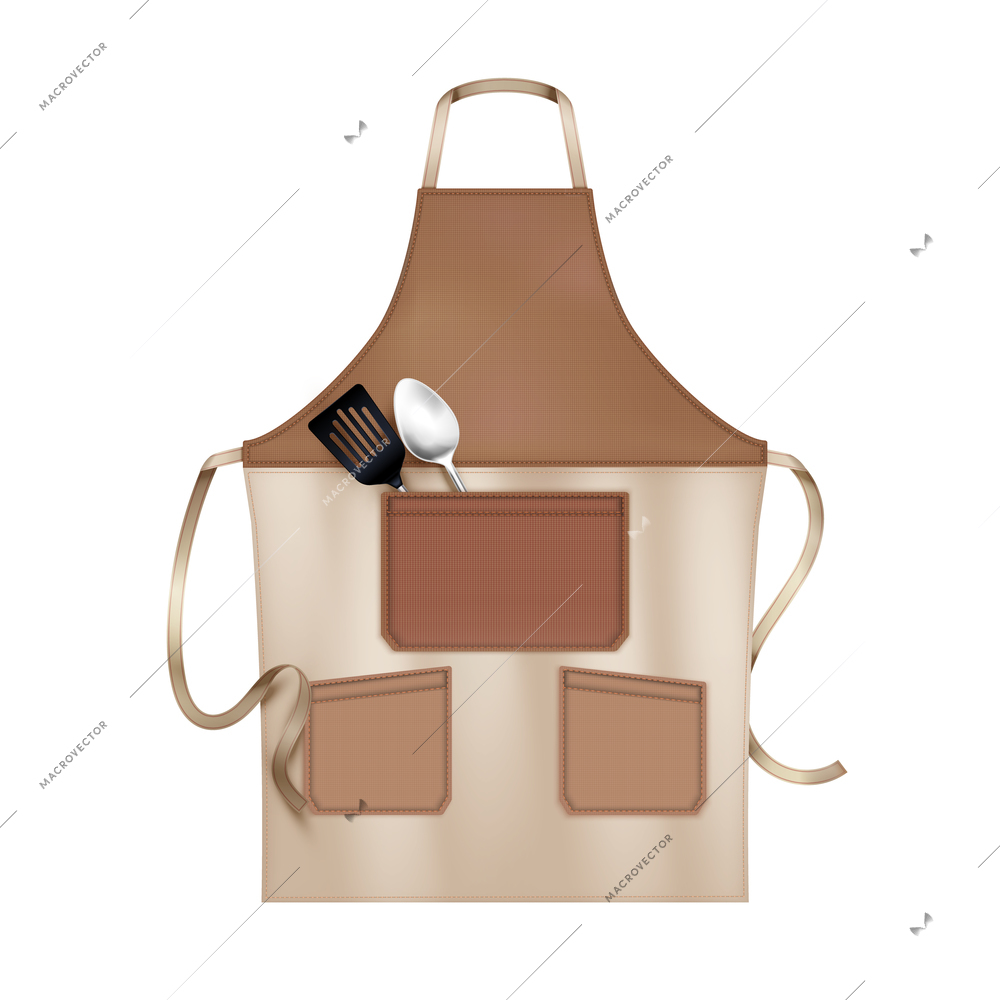 Linen kitchen cooking chef apron brown beige with 3 pockets accessorized with lapels realistic closeup vector illustration