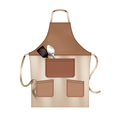 Linen kitchen cooking chef apron brown beige with 3 pockets accessorized with lapels realistic closeup vector illustration