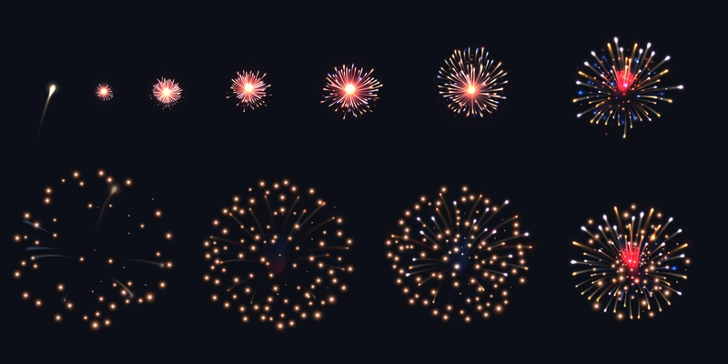 Firework animation realistic set with celebration symbols isolated vector illustration