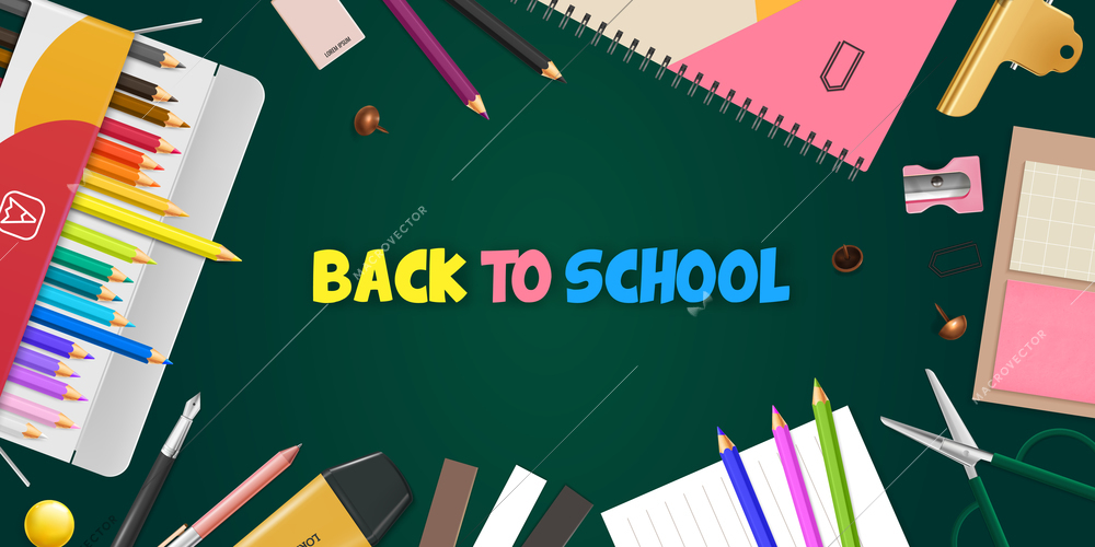 Colored bright pencils realistic poster with school symbols vector illustration