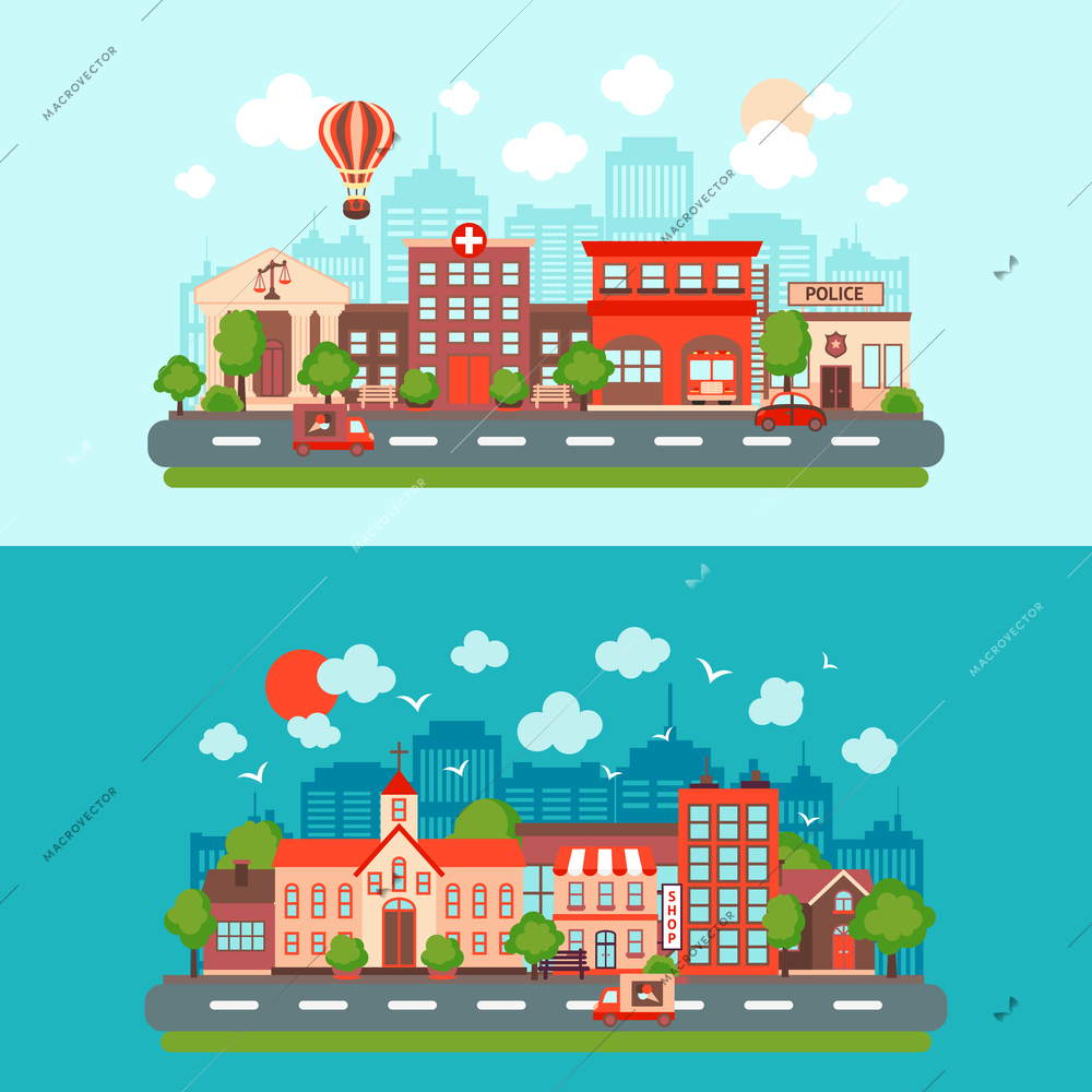 City summer street urban town scape abstract set light and dark background isolated vector illustration