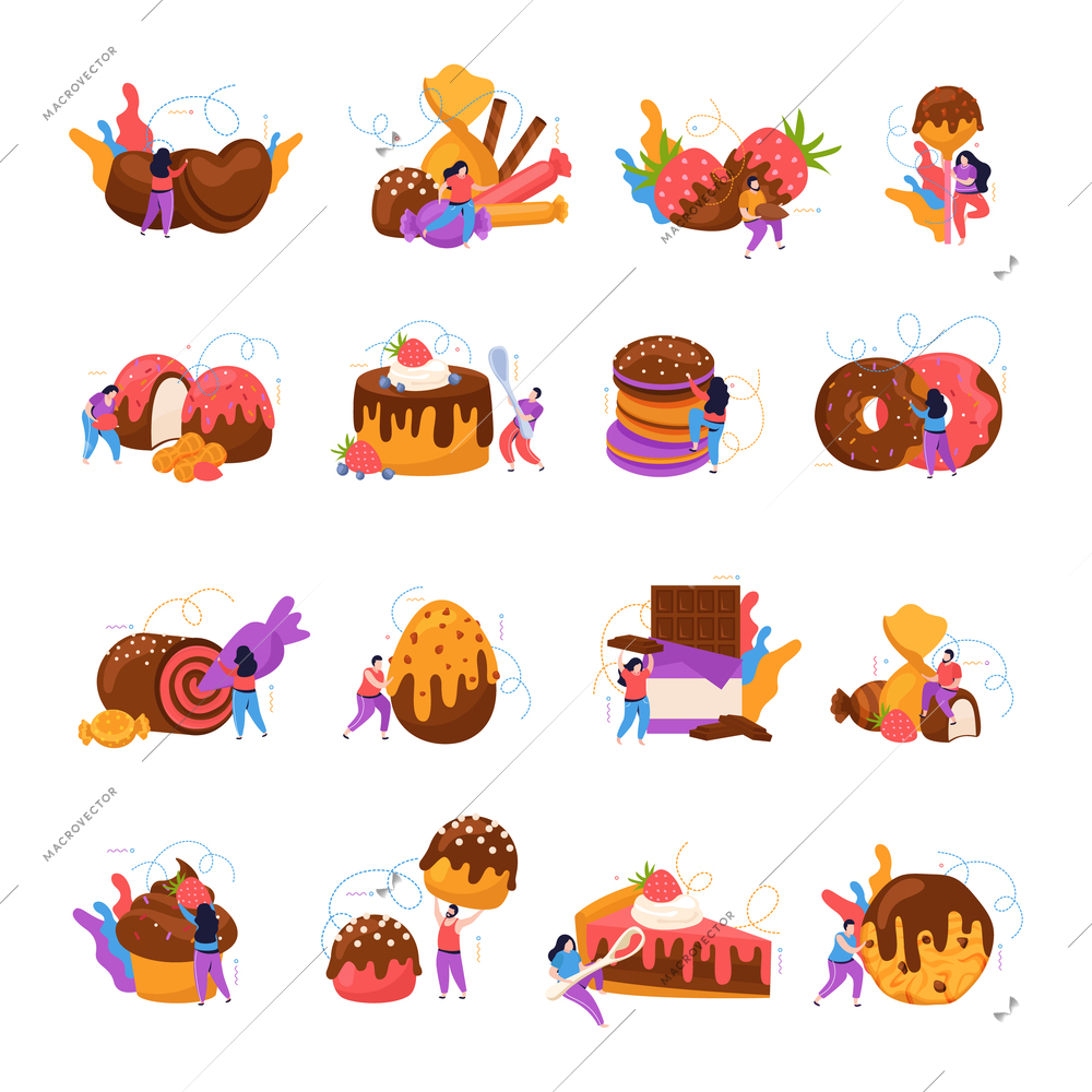 Flat icons set with chocolate cakes candies bars donuts and human characters isolated on white background vector illustration