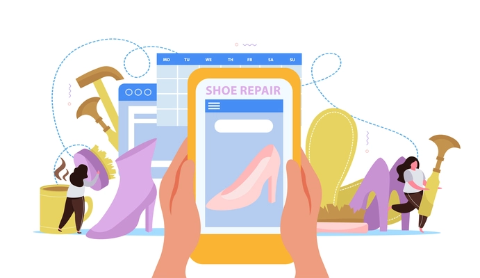 Flat composition with shoe repair service and shoemakers taking care of boots and pumps vector illustration