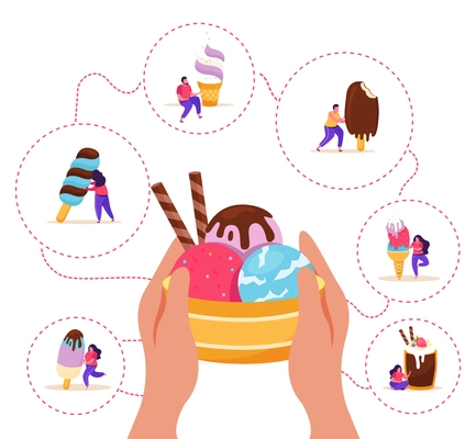 People with assorted ice cream and human hands holding bowl of scoops on white background flat vector illustration