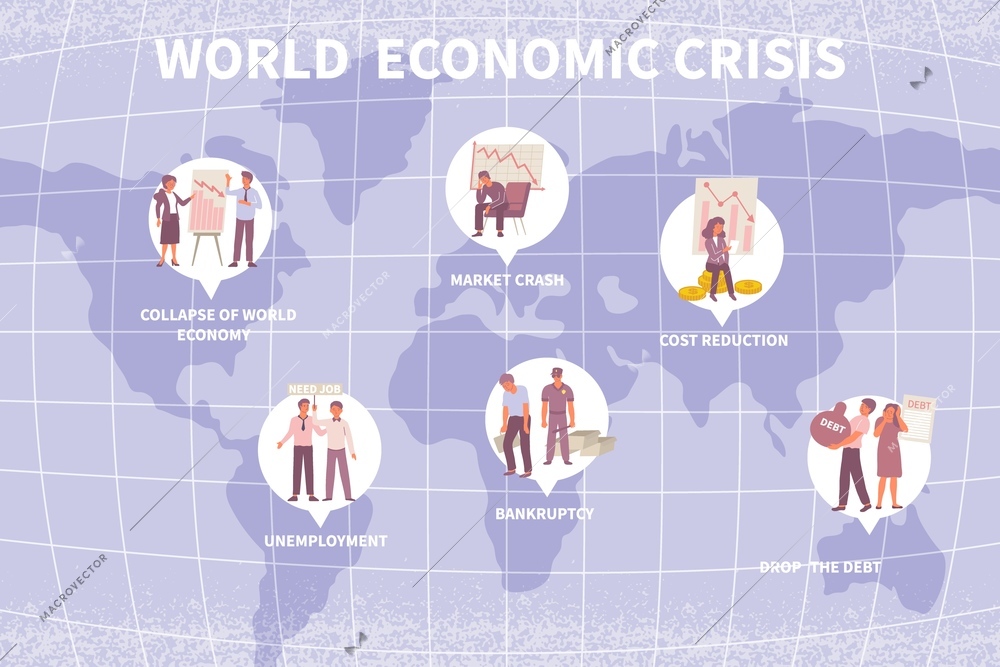 World economic crisis with unemployment market crash cost reduction debt collapse bankruptcy compositions on map flat vector illustration
