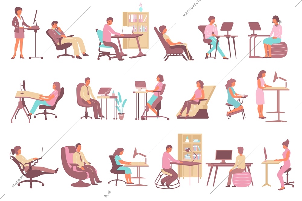 Employees working on computers at office with contemporary ergonomic desks chairs and seats flat set isolated vector illustration