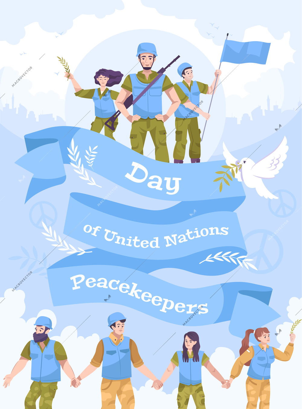 United nations peacekeepers day poster with big light blue ribbon and people who protect the world vector illustration